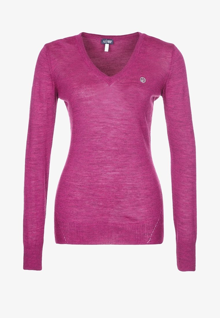 V-neck, long-sleeve sweater in bright pink, made of a lightweight knit material. Features a small logo on the chest and ribbed cuffs.
