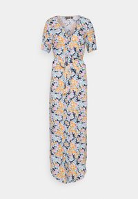 Vestido maxi floral com mangas curtas, apresentando um fundo azul-marinho e flores brilhantes em laranja, rosa e verde, amarrado na cintura para maior definição.