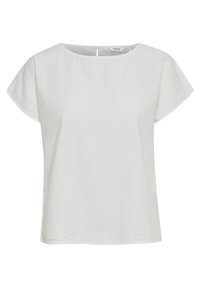 Weiße Kurzarmbluse aus leichtem Stoff. Sie verfügt über einen rund ausgeschnittenen Halsausschnitt, eine lockere Passform und einen kleinen Knopfverschluss am Rücken.