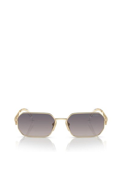 Guldindfattede solbriller med en markant oktagonal form og gradient grå linser. Klare detaljer på stængerne fremhæver designet.
