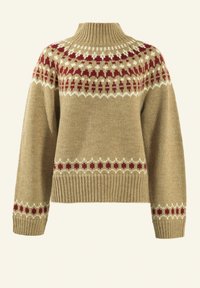Gestrickter Pullover in Beige mit einem hohen Kragen. Mit einem gemusterten Schulterbereich in Rot, Weiß und Beige sowie gerippten Abschlüssen am Saum und an den Ärmeln.