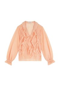 Blusa de mangas largas en melocotón con volantes en el frente y los puños, una sutil textura de estampado de leopardo y un collar en V profundo.
