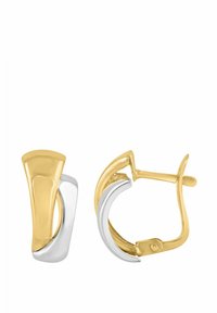 Orecchini in metallo oro e argento con un design curvo e intrecciato, finitura lucida e chiusura a cerniera per una vestibilità sicura.