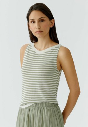 Femme aux longs cheveux foncés portant un haut sans manches blanc à rayures vert clair et une jupe vert clair, debout devant un fond uni.