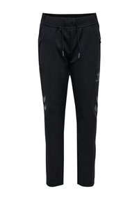 Svarta joggingbyxor med justerbar midja, två sidfickor och reflexchevront detaljer på låren, tillverkade av ett mjukt, elastiskt material.