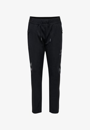 Zwarte joggingsbroek met een verstelbare taille, twee zijzakken en reflecterende chevronaccenten op de bovenbenen, gemaakt van een zachte, rekbare stof.