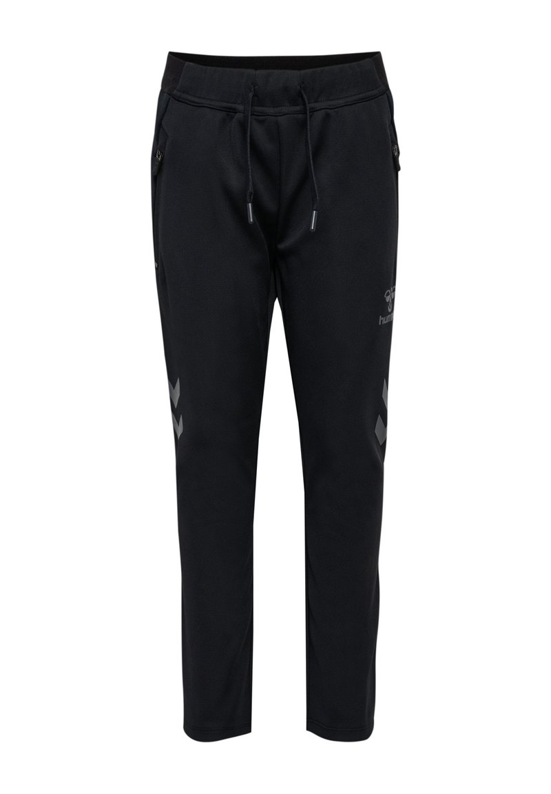 Svarta joggingbyxor med justerbar midja, två sidfickor och reflexchevront detaljer på låren, tillverkade av ett mjukt, elastiskt material.