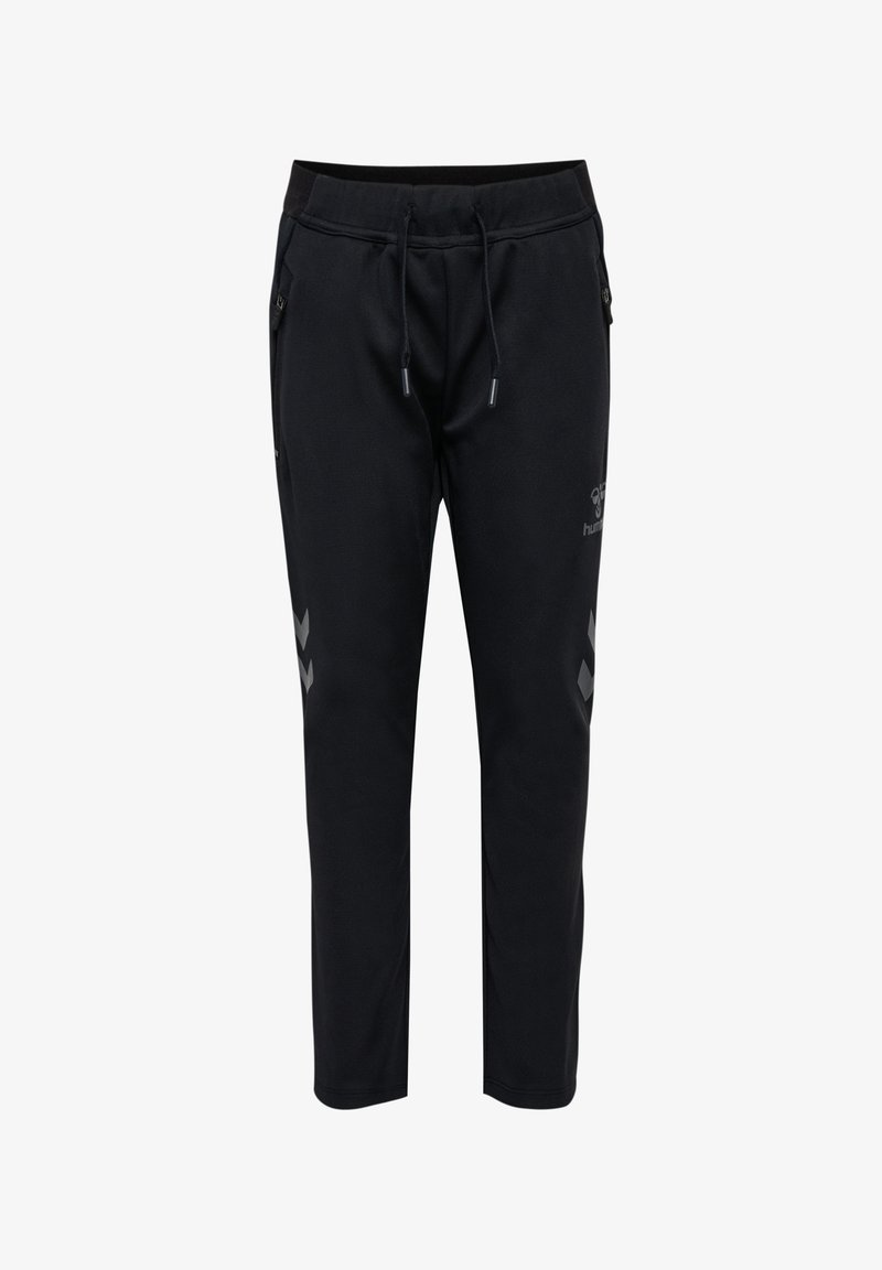 Zwarte joggingsbroek met een verstelbare taille, twee zijzakken en reflecterende chevronaccenten op de bovenbenen, gemaakt van een zachte, rekbare stof.