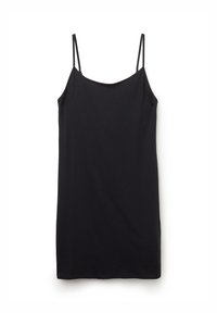 Černé bezramínkové šaty vyrobené z hladkého materiálu. Mají tenké ramínka, rovný střih a střední délku, bez dalších vzorů nebo dekorací.