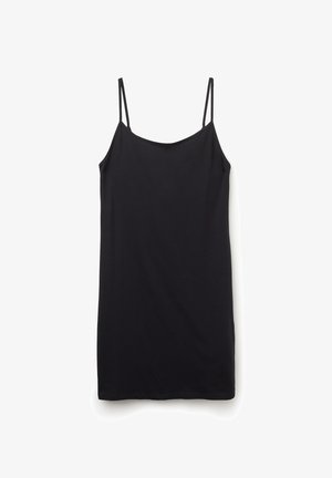 Czarna, bezrękawna sukienka uszyta z gładkiego materiału. Posiada cienkie ramiączka, prosty krój i długość do połowy łydki bez dodatkowych wzorów czy akcentów.