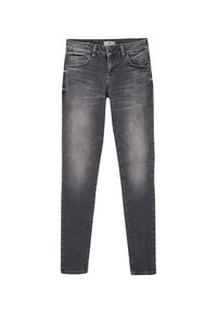 Jeans ajustados de denim gris oscuro con áreas deslavadas, cinco bolsillos y una cremallera clásica. Presenta un ligero desgaste para darle textura.