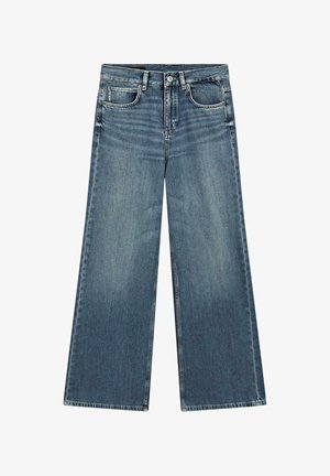 Jeans denim blu a gamba larga con chiusura frontale a bottoni e zip, tasche davanti e dietro, mostrati distesi su sfondo bianco.