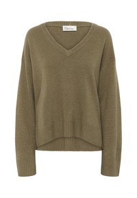 Pull en maille vert olive avec col en V, ourlet côtelé et manches longues. Le modèle présente une coupe décontractée et une longueur légèrement raccourcie.