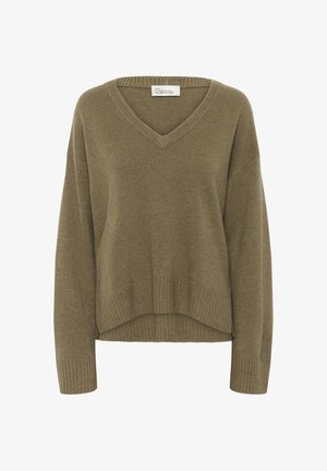 Alyvuogių žalios spalvos megztinis su V formos iškirpte, ribotu apačios kraštu ir ilgomis rankovėmis. Dizainas pasižymi laisvu siluetu ir šiek tiek trumpesne ilgio.