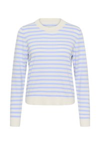 Pull en maille à manches longues avec rayures horizontales blanches et bleu clair, manches, col et ourlet côtelés.