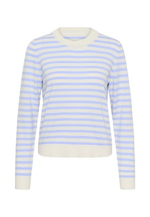 Pull en maille à manches longues avec rayures horizontales blanches et bleu clair, manches, col et ourlet côtelés.