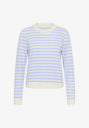Hosszú ujjú kötött pulóver fehér és világoskék vízszintes csíkokkal, bordázott mandzsettákkal, gallérral és szegéllyel.
