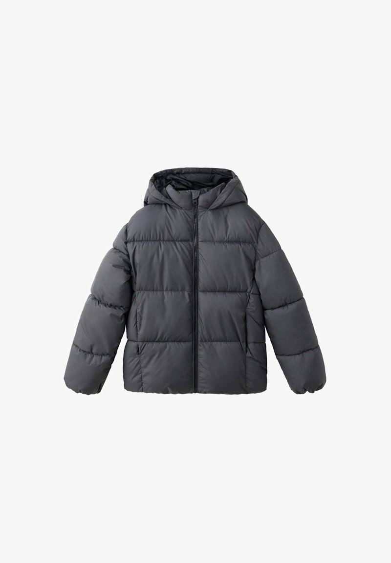 Veste matelassée gris foncé avec manches longues, fermeture éclair frontale et capuche attachée, présentée sur un fond blanc.