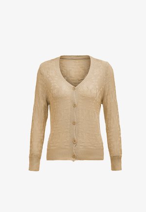 Cardigan tricotat bej cu mâneci lungi, decolteu în V și închidere cu cinci nasturi. Prezintă un design texturat pe întreaga suprafață a țesăturii.
