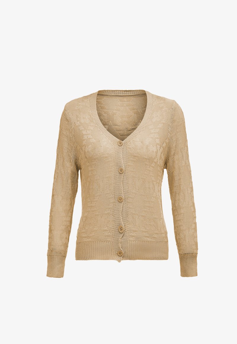 Cárdigan de punto beige con mangas largas, escote en V y cierre de cinco botones. Presenta un diseño texturizado en toda la tela.
