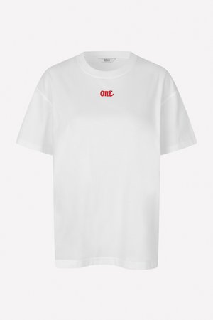 White cotton t-shirt featuring short sleeves, a crew neck, and a small red “ONE” text graphic on the chest.