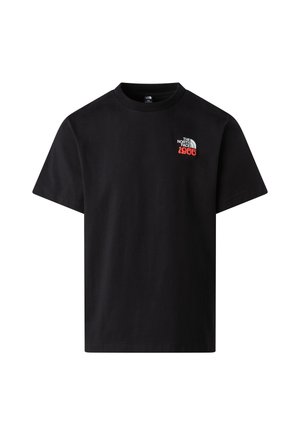 Sort bomulds-T-shirt med korte ærmer, rund hals og et frontlogo i hvid og rød tekst, der lyder "The North Face 1966."