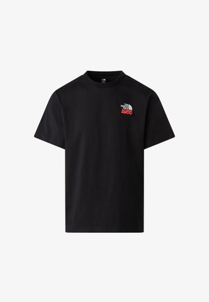 Czarny bawełniany t-shirt z krótkimi rękawami, okrągłym dekoltem oraz nadrukiem na przodzie w białym i czerwonym kolorze z napisem "The North Face 1966".