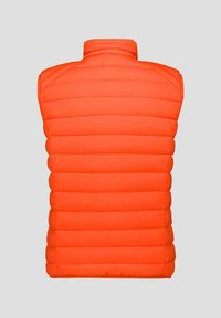 Gevoerde vest in fel oranje, met een hoge kraag, een gequilt ontwerp en een mouwloos model. Glad textiel met horizontale stiksels.