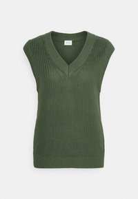 Pull sans manches vert tricoté avec un col en V, un motif texturé et une bordure côtelée. Fabriqué en fil doux pour plus de confort.