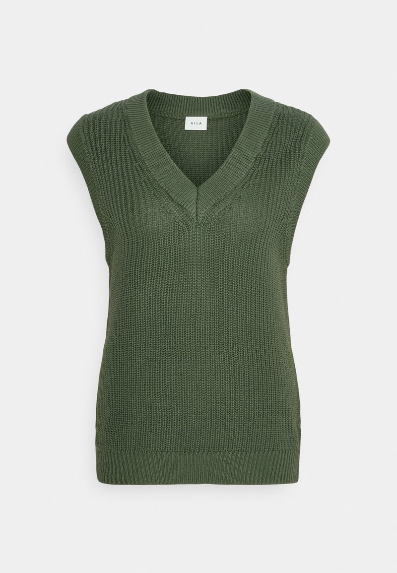 Pull sans manches vert tricoté avec un col en V, un motif texturé et une bordure côtelée. Fabriqué en fil doux pour plus de confort.