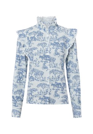 Witte blouse met lange mouwen met blauwe safari dierenprint, gerimpelde kraag en gerimpelde schouderdetails.
