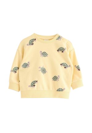 Sweat-shirt jaune à manches longues pour tout-petit avec des imprimés tortues verts et des boutons-pression sur une épaule.