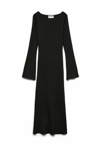 Melnas, pieguļošas kleitas, kas izgatavota no ribota auduma. Iezīmes garas, izplešamas piedurknes un platu kakla izgriezumu. Gluda tekstūra un vidēja garuma griezums.