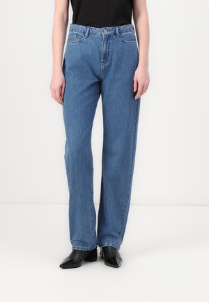 Light blue denim jeans with a relaxed fit, straight legs, and a high waist. Features include front pockets and a traditional button closure.