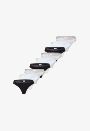 Zehn Packungen Tangas in Schwarz, Weiß und Hellgrau. Der Stoff ist weich mit einer glatten Textur. Jeder hat einen elastischen Taillenbund mit Logodetail.