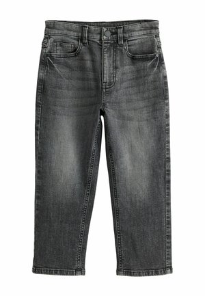 Schwarze gewaschene Kinder-Denim-Jeans mit vorderen Taschen, Knopfverschluss und geraden Beinen.