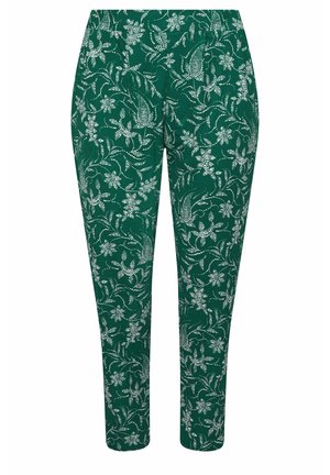 Grüne Stoffhose mit einem weißen Blumenmuster, ausgestattet mit einem elastischen Bund und einem schmal zulaufenden Design für eine körpernahe Silhouette.