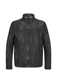 Schwarze Lederjacke mit hohem Kragen, Frontreißverschluss und zwei seitlichen Reißverschlusstaschen. Glatte Textur, taillierte Passform und minimale Nahtdetails.