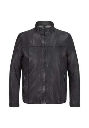 Schwarze Lederjacke mit hohem Kragen, Frontreißverschluss und zwei seitlichen Reißverschlusstaschen. Glatte Textur, taillierte Passform und minimale Nahtdetails.
