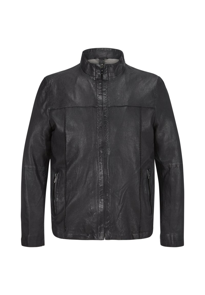Schwarze Lederjacke mit hohem Kragen, Frontreißverschluss und zwei seitlichen Reißverschlusstaschen. Glatte Textur, taillierte Passform und minimale Nahtdetails.