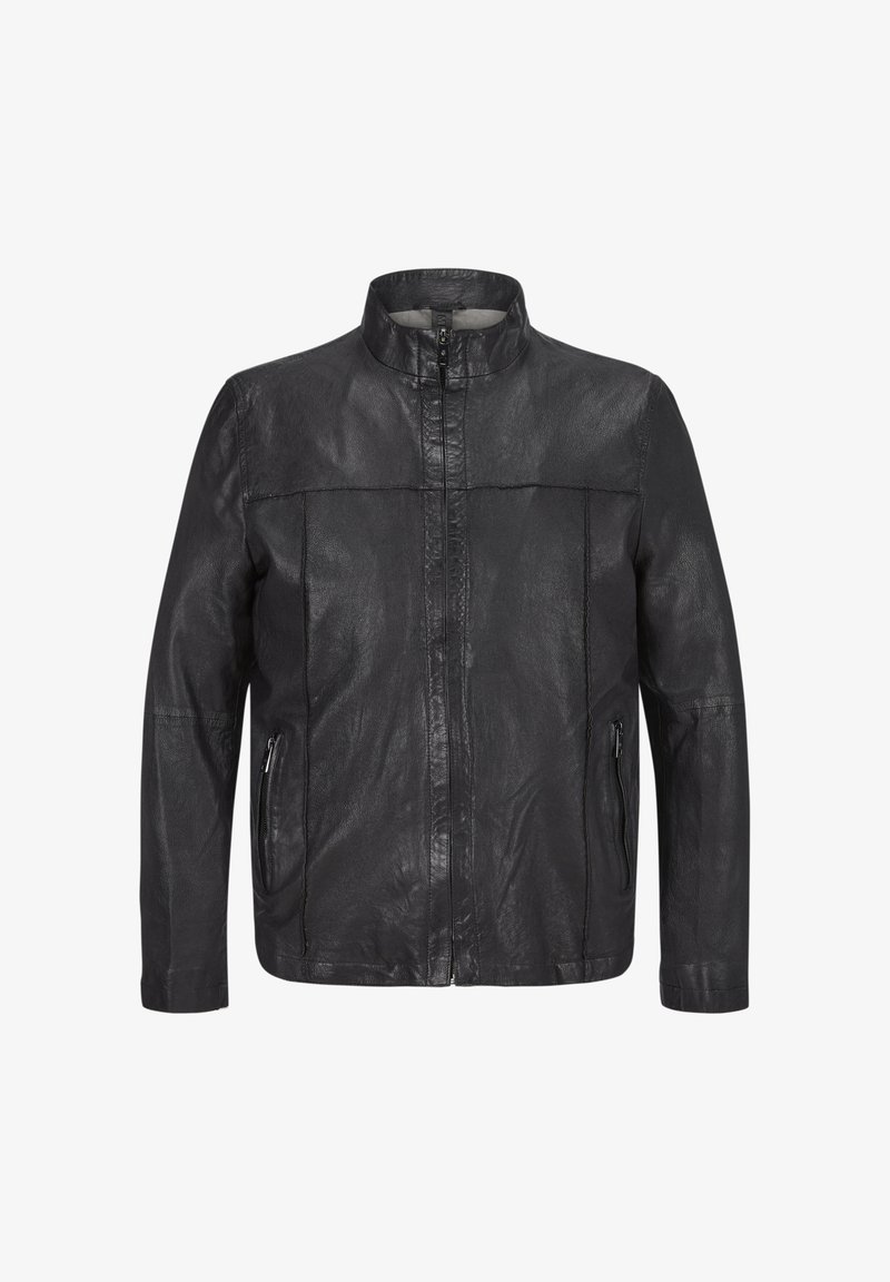 Schwarze Lederjacke mit hohem Kragen, Frontreißverschluss und zwei seitlichen Reißverschlusstaschen. Glatte Textur, taillierte Passform und minimale Nahtdetails.