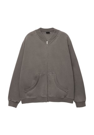 Gray zip-up sweatshirt made of soft fabric, featuring a round neck, two front pockets, and ribbed cuffs. No patterns or embellishments.