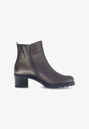 Dark metallic leather ankle boot with side zipper, round toe, and textured black heel. Rugged sole provides traction.