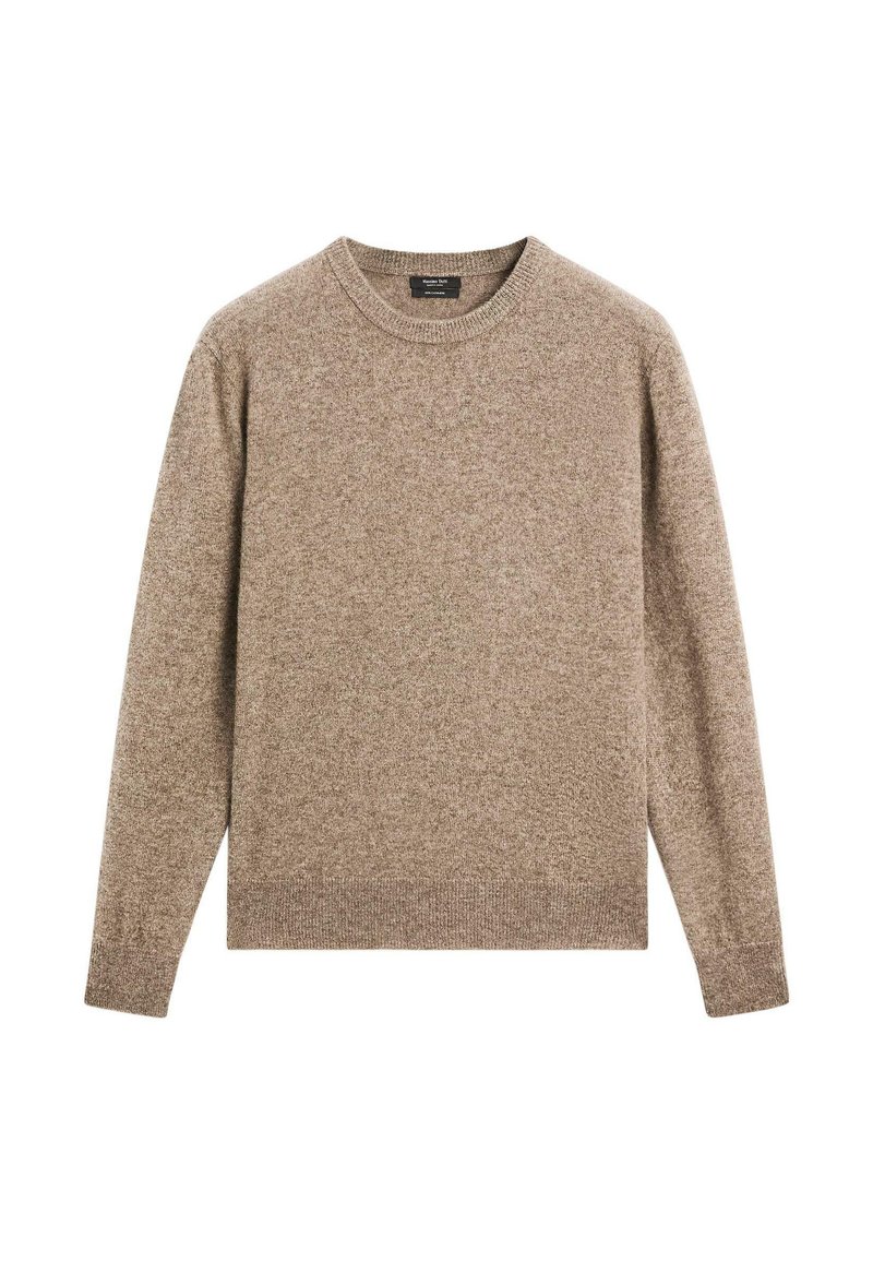 Maglione marrone a girocollo con maniche lunghe e polsini e orlo a costine, esposto su uno sfondo bianco.