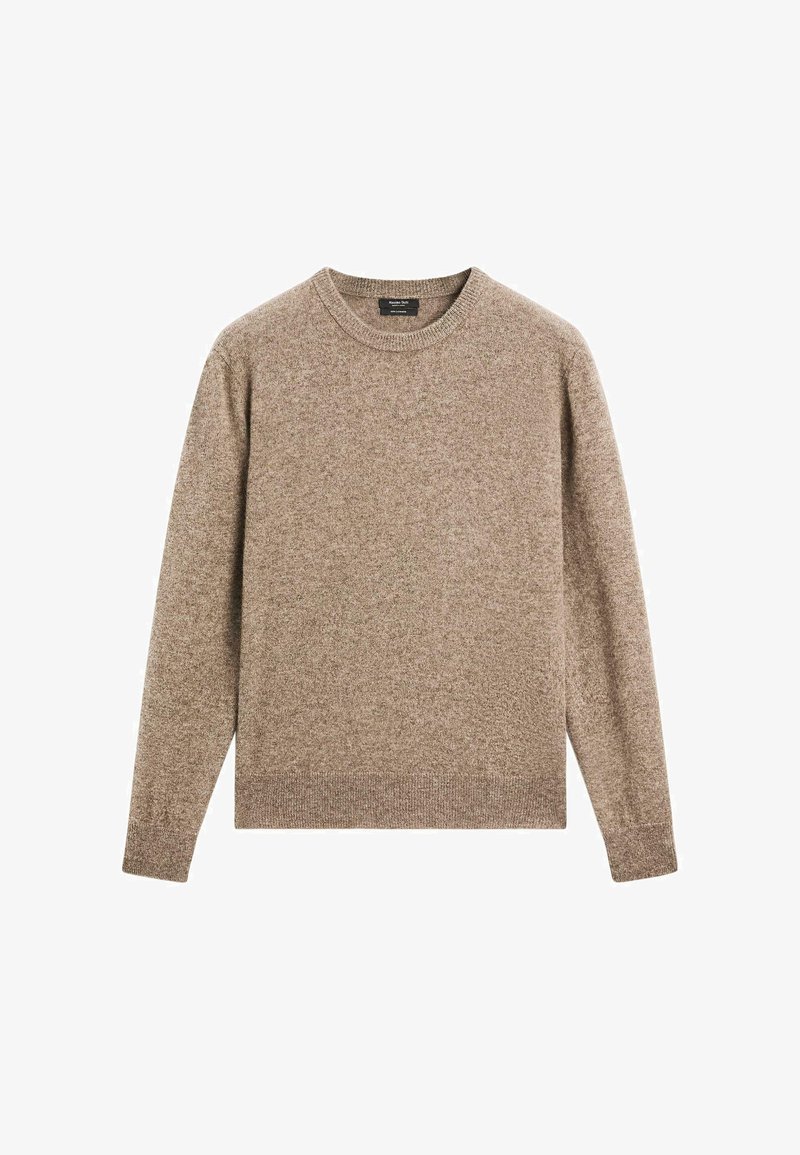 Maglione marrone a girocollo con maniche lunghe e polsini e orlo a costine, esposto su uno sfondo bianco.