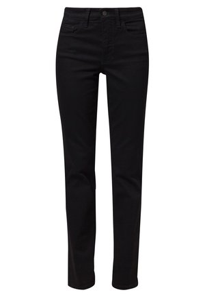 Sorte denimjeans med lige ben, høj talje, forlommer og en enkelt knaplukning. Glat tekstur og minimal detailing.