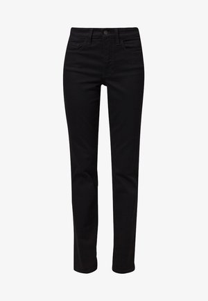 Sorte denimjeans med lige ben, høj talje, forlommer og en enkelt knaplukning. Glat tekstur og minimal detailing.