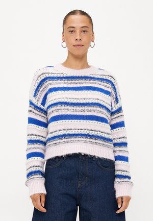 Gestreepte gebreide trui in pastelkleurig roze, blauw en grijs. Beschikt over een ronde halslijn, een relaxte pasvorm en geribbelde manchetten met een gestructureerde afwerking.