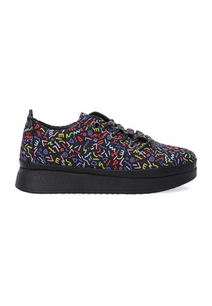 Black sneaker with a textured sole, featuring a multicolored abstract pattern covering the upper and round lace eyelets.