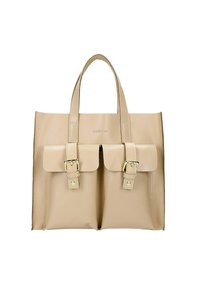 Beige leren tote bag met twee voorkruiden, goudkleurige hardware, dubbele handvatten en een gladde textuur; heeft een minimalistisch ontwerp.